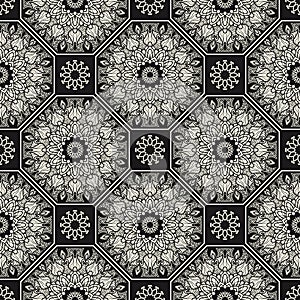 Ornament with elements of black and white colorsabstract seamless repeat pattern. Luxury texture for wallpaper, invitation.